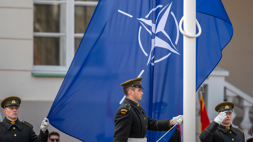 The NATO flag is raised during a celebration for Lithuania's NATO membership 20th anniversary on March 29, 2024.