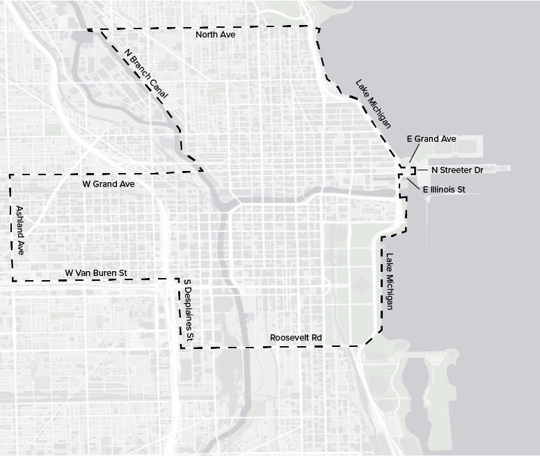 A black and white map showing the downtown zone area of Chicago