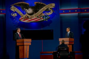 Barack Obama and Mitt Romney at a 2012 presidential debate. 