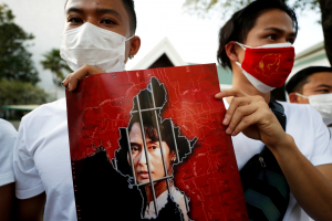 Protestors take to the streets in Yangon to protest a military coup. 