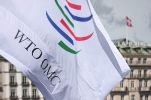 A flag with the letters WTO OMC waves in front of the World Trade Organization headquarters.