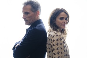 Rufus Sewell, left, and Keri Russell pose to promote "The Diplomat".