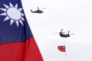 helicopters fly the Taiwanese flag