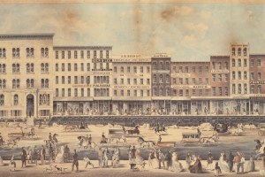 Lithograph of raising of a block of brick buildings on Lake Street, Chicago