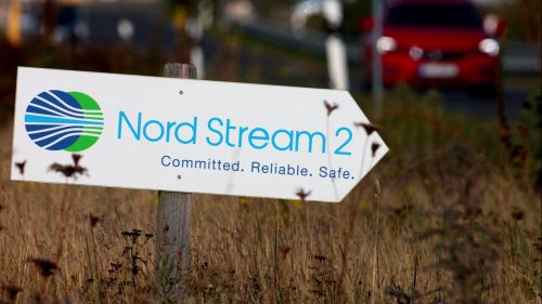 Sign for Nord Stream 2 pipeline in a field in Germany.