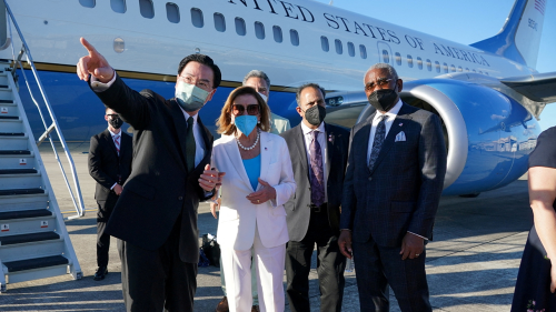 Nancy Pelosi prepares to board her plane before leaving Taiwan on August 3, 2022.