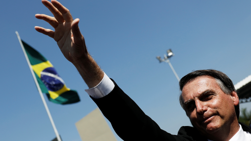 Brazilian President  Jair Bolsonaro gestures during a military event in Sao Paulo, Brazil.