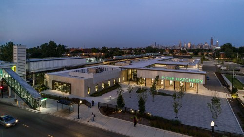 Exterior view of The Hatchery with the Chicago skyline in the background