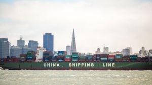 A China Shipping Line boat sails through San Fransico