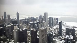 Chicago's skyline with snow and gray sky