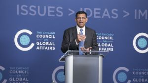 Raghuram Rajan speaking from a podium at the Council