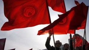 Kyrgyz flags waving in the sky