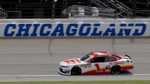 Michael Annett drives on the track during a NASCAR Xfinity Series auto race practice at Chicagoland Speedway in Joliet, Ill.