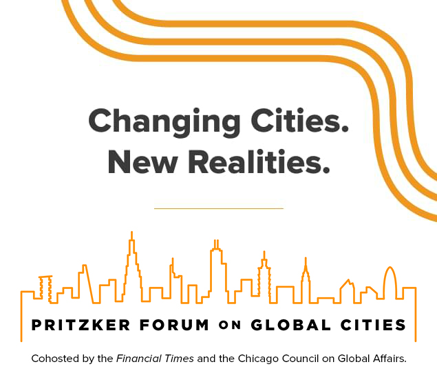 Title saying "Changing Cities. New Realities." with the Pritzker Forum on Global Cities logo.