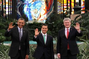 U.S. President Barack Obama, Mexican President Enrique Peña Nieto, and Canadian Prime Minister Stephen Harper at the North American Leaders' Summit in Toluca, Mexico on February 19, 2014.
