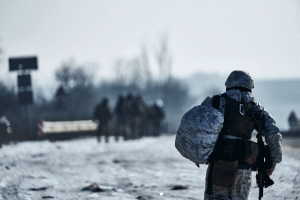 Ukrainian soldiers go to their position in the frontline close to Bakhmut