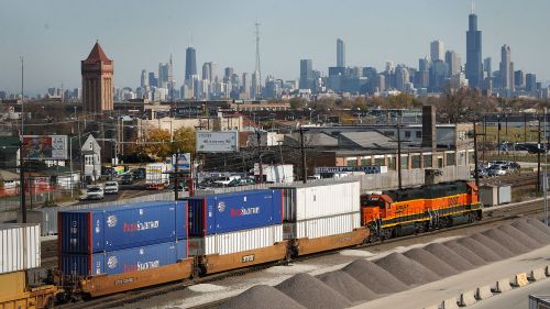 View of the Chicago skyline from a west-side railway
