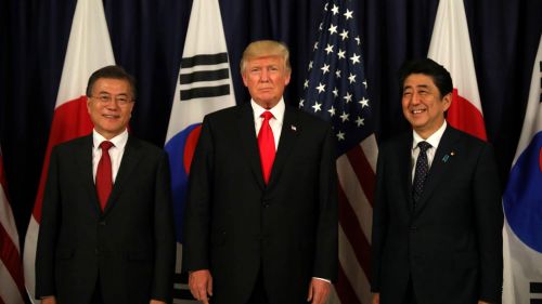 President Moon Jae-In, President Trump, and Japanese Prime Minister Shinzo Abe.
