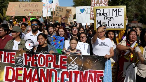 Climate change environmental activist Greta Thunberg marches at a climate change rally in Rapid City, South Dakota