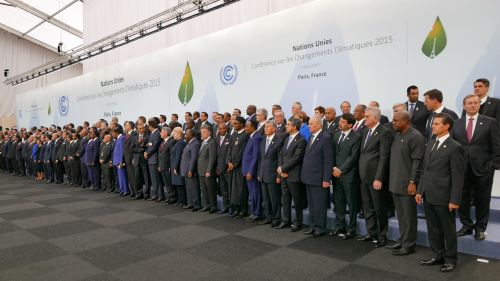 A wide shot of all participants of COP21, standing together