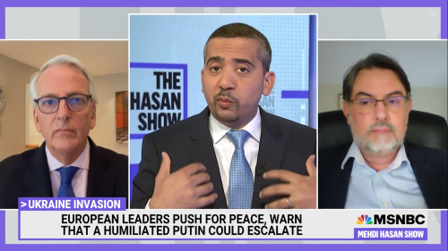 Screenshot of Ivo Daalder, Mehdi Hasan, and Anatol Lieven on MSNBC.