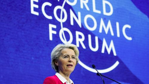 President of the European Commission Ursula von der Leyen addresses the delegates of the World Economic Forum (WEF) in Davos, Switzerland