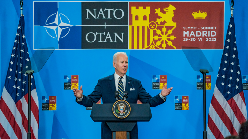 U.S. President Joe Biden speaks at the NATO Madrid Summit.