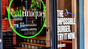 Sign for the Impossible Burger at a Pittsburgh restaurant