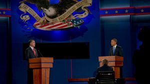 Barack Obama and Mitt Romney at a 2012 presidential debate. 