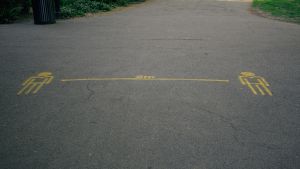 A social distance marker on the ground in London