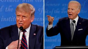 Donald Trump and Joe Biden during a 2020 Presidential Debate
