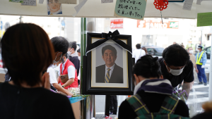 A portrait of Shinzo Abe placed in front of Yamato-Saidaiji Station on July 10, 2022.