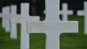 A grave at the Normandy American Cemetery and Memorial in Colleville-sur-Mer.