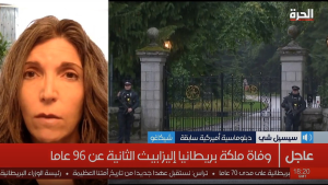 Cécile Shea in an interview on Al Hurra over a video call.