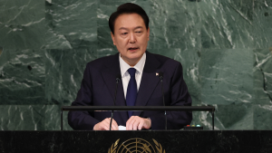 South Korea's President Yoon Suk Yeol speaks at the 77th Session of the United Nations General Assembly at U.N. Headquarters in New York City on September 20, 2022