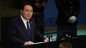 Korea President Yoon Suk Yeol addresses the 77th Session of the United Nations General Assembly on September 20, 2022.