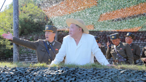 Kim Jong-un, chairman of the North Korean State Affairs Committee, inspecting a nuclear weapons training.