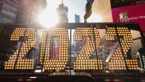 A 2022 sign is assembled in Times Square, New York prior to New Year's Eve 2021.