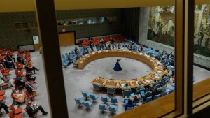 UN Security Council floor seen from above through a window. 