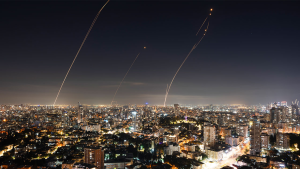 The Israeli Iron Dome air defense system fires to intercept a rocket fired from the Gaza Strip on November 5, 2023.