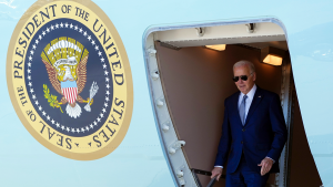 President Biden steps off Air Force One in Las Vegas, Nevada, on December 8, 2023.