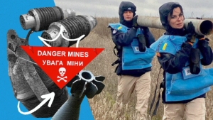 People carrying pieces of landmines